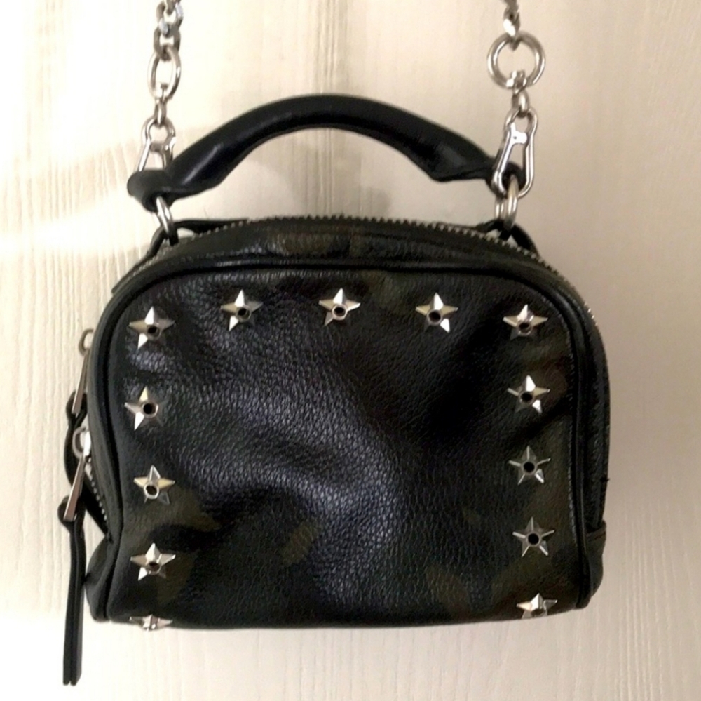 Ash Frankie studded leather crossbody in dark green camo